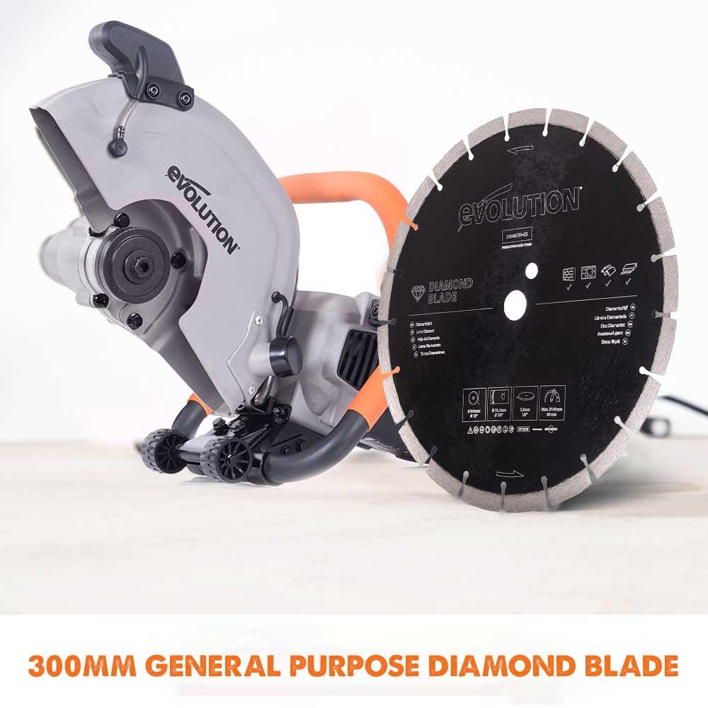 Evolution R300DCT Electric Disc Cutter, 300mm Diamond Blade Variety Pack 22.2mm Bore