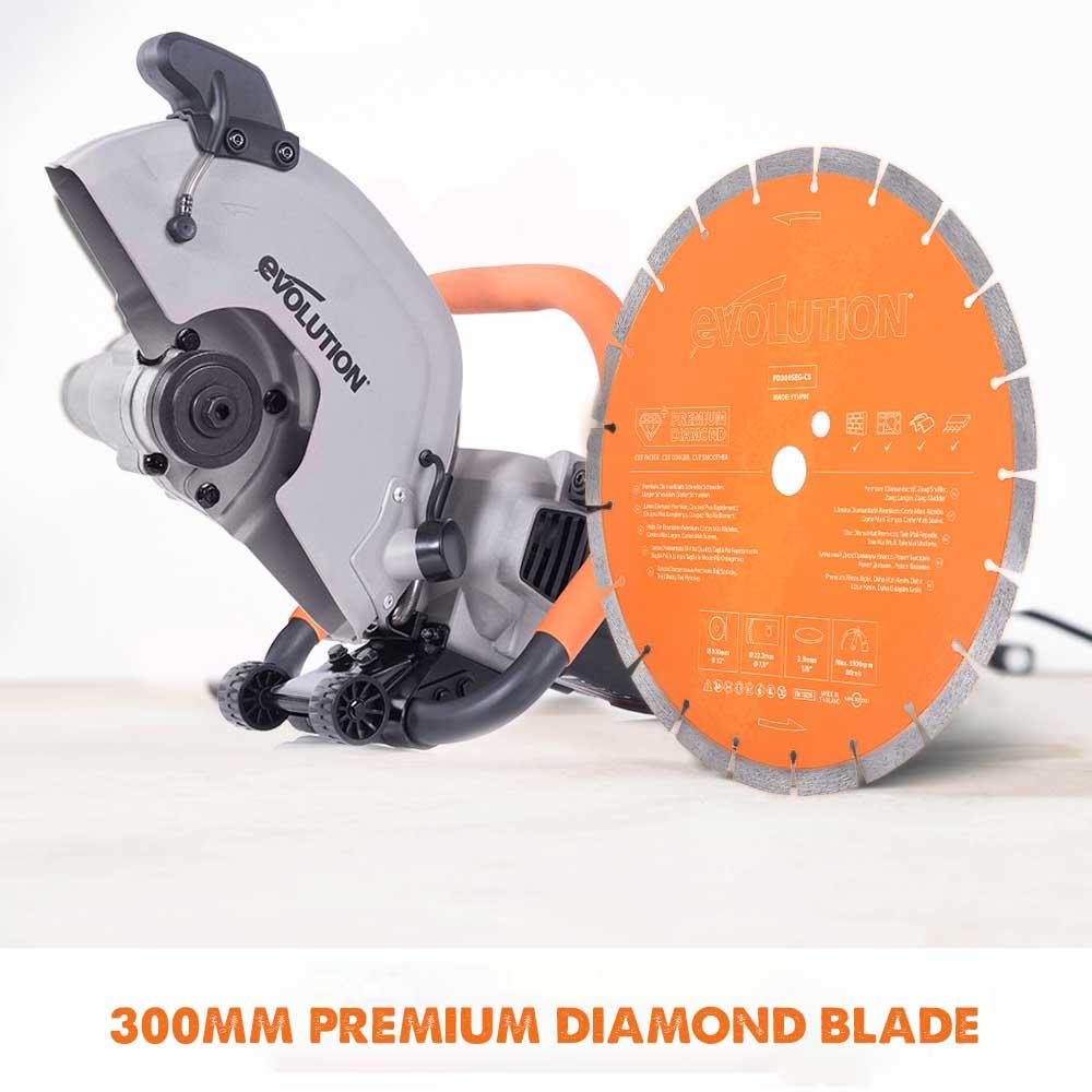 Evolution R300DCT Electric Disc Cutter, 300mm Diamond Blade Variety Pack 22.2mm Bore