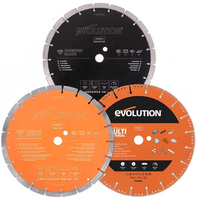 Evolution R300DCT Electric Disc Cutter, 300mm Diamond Blade Variety Pack 22.2mm Bore