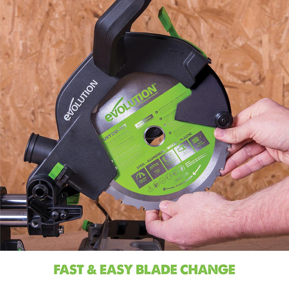 Evolution F210SMS 210mm Sliding Mitre Saw With TCT Multi-Material Cutting Blade (230v)