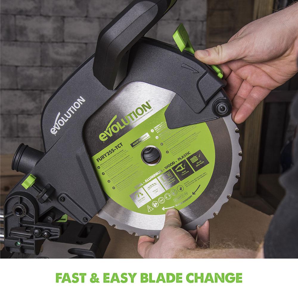 Evolution F255SMS 255mm Sliding Compound Mitre Saw With TCT Multi-Material Cutting Blade (230v)