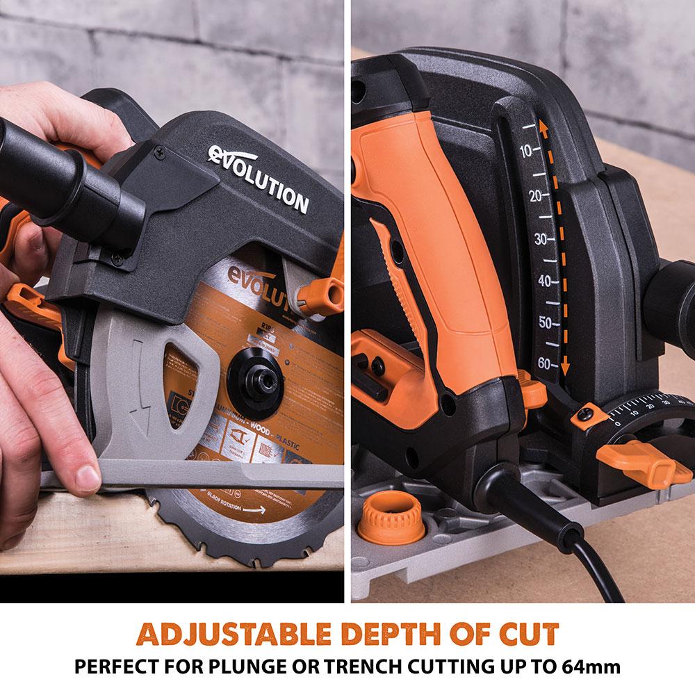 Evolution R185CCSX 185mm Circular Saw with 1020mm 3-piece Mini Track and TCT Multi-Material Cutting Blade