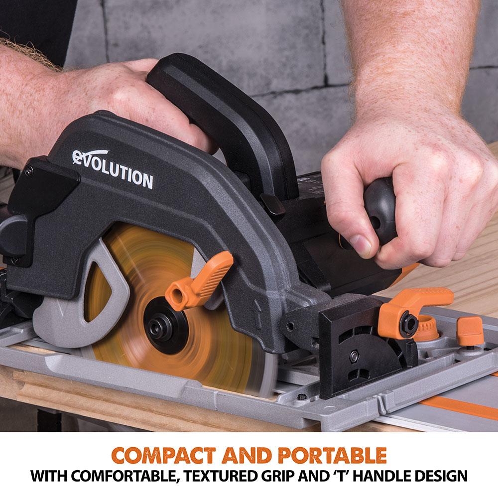 Evolution R185CCSX 185mm Circular Saw with 1020mm 3-piece Mini Track and TCT Multi-Material Cutting Blade