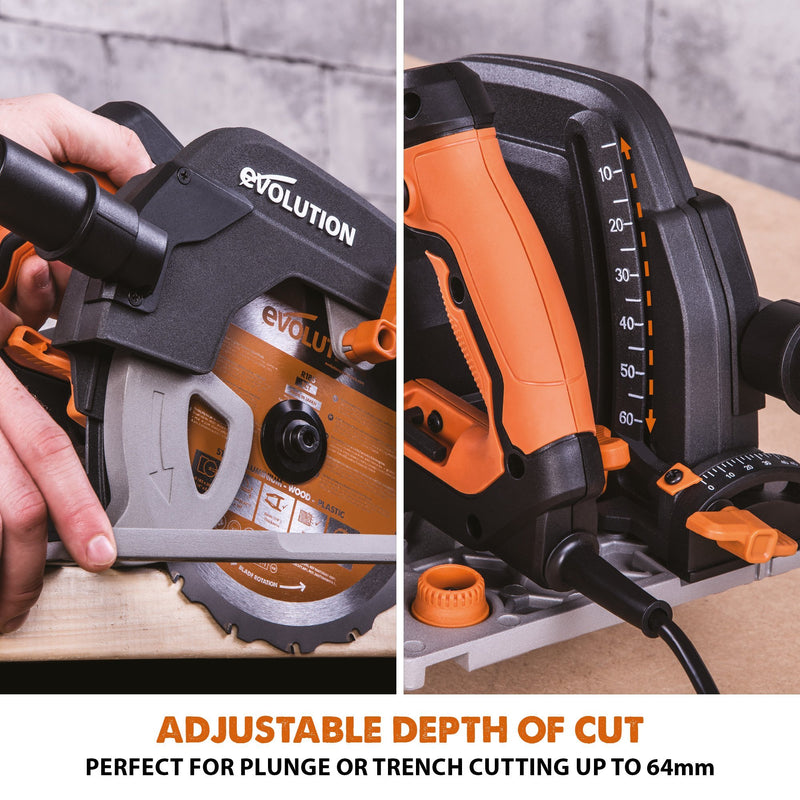 Evolution R185CCSX+ Circular Saw with TCT Multi-Material Cutting Blade and 1.4m Track - Evolution Power Tools UK
