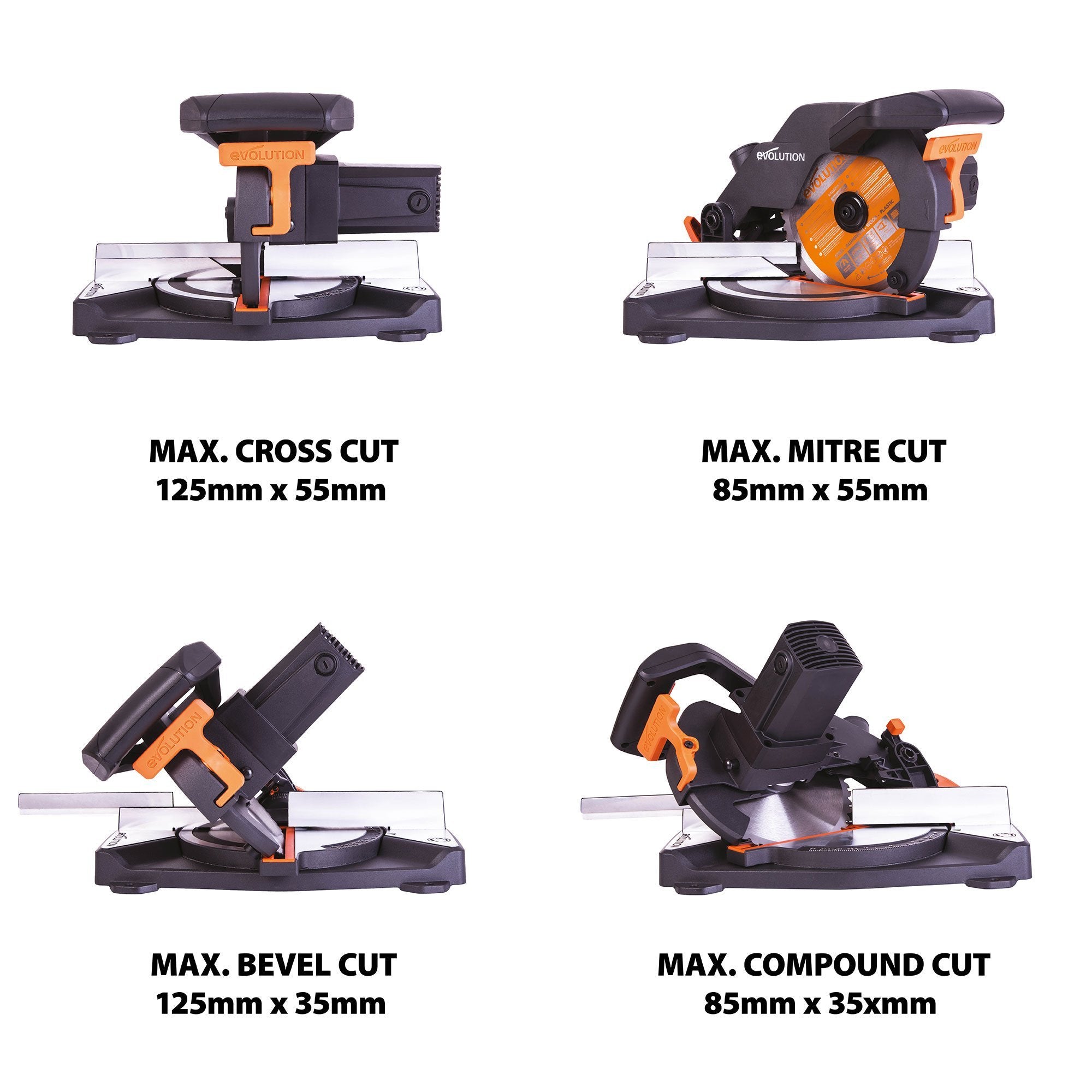 Evolution R210CMS+ 210mm 1200w Compound Mitre Saw With TCT Multi-Material Cutting Blade (Refurbished - Like New)
