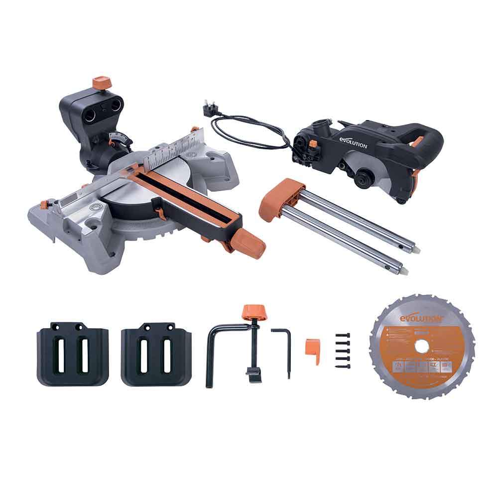 Evolution R210SMS 210mm Sliding Mitre Saw With TCT Multi-Material Cutting Blade