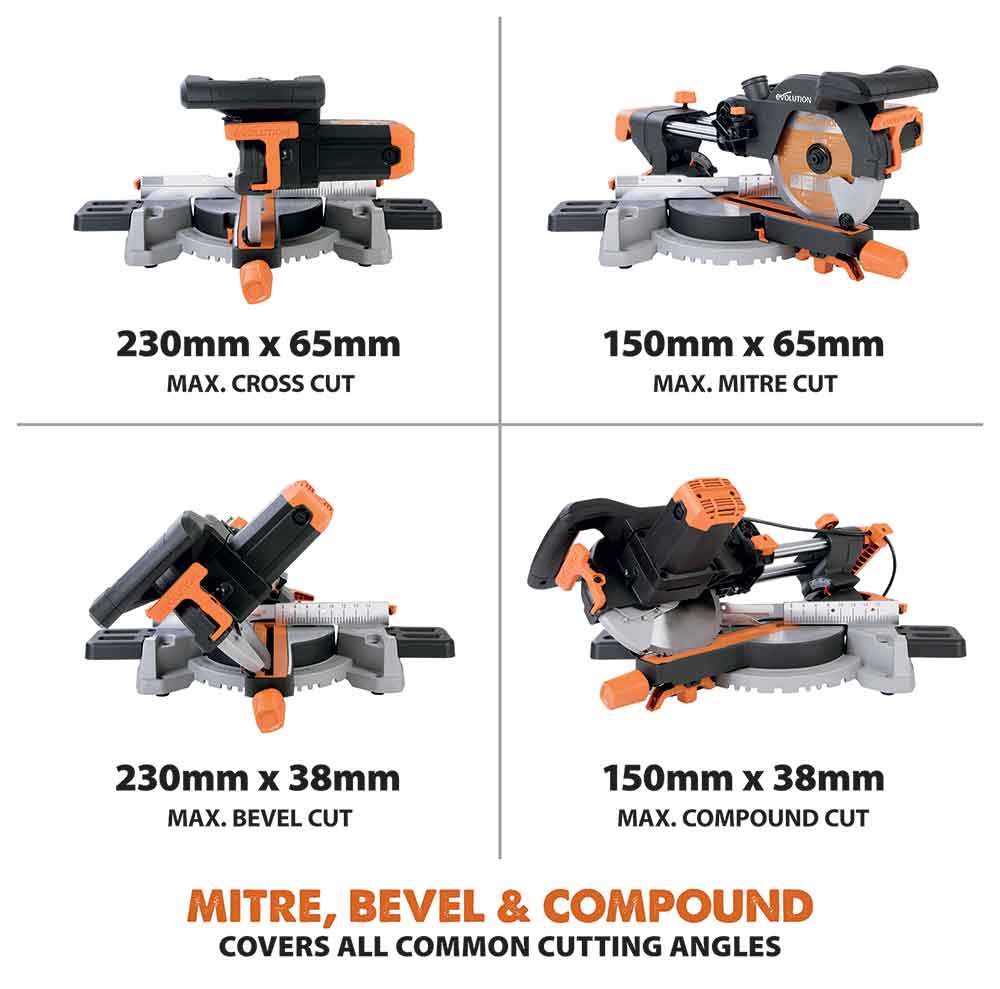 Evolution R210SMS 210mm Sliding Mitre Saw With TCT Multi-Material Cutting Blade