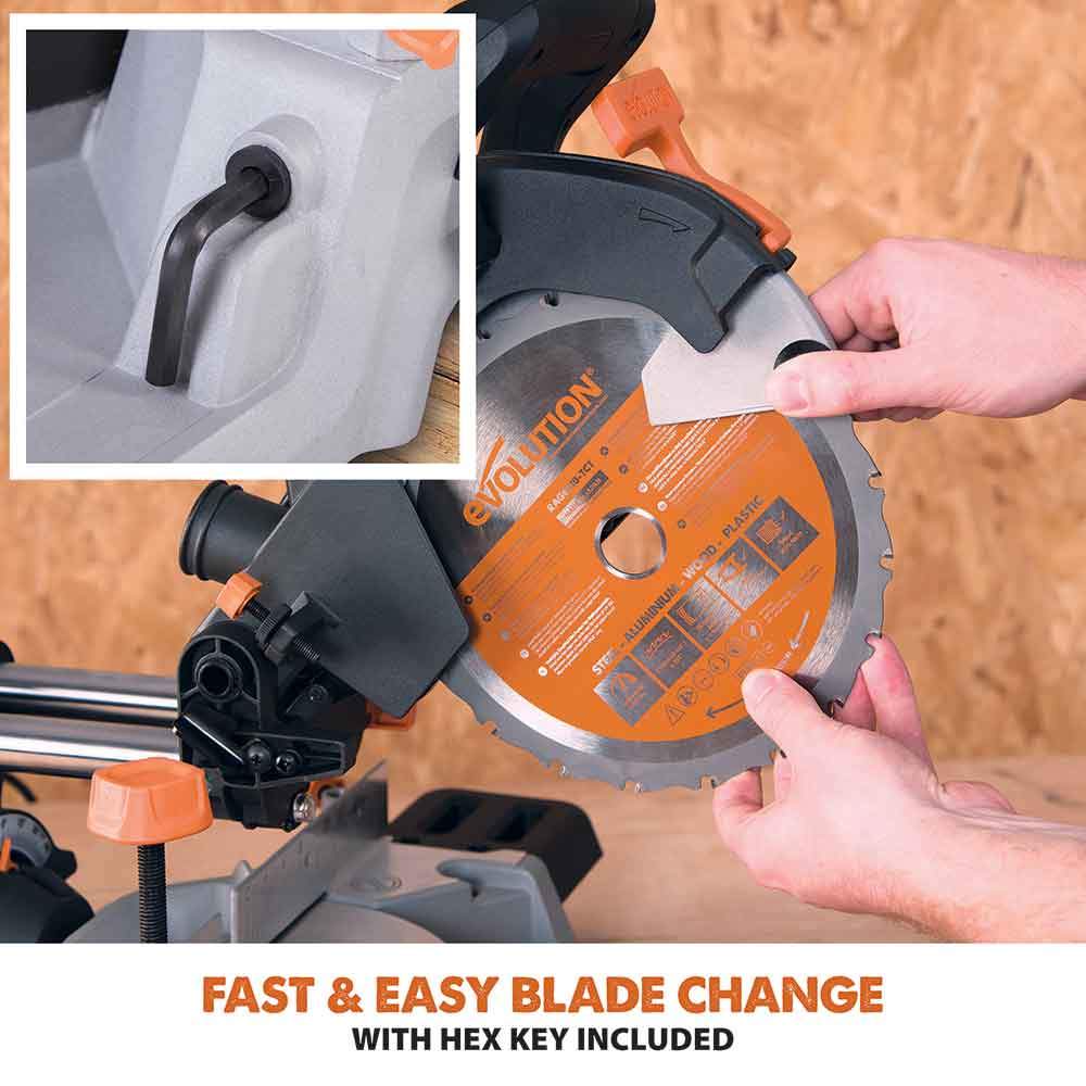 Evolution R210SMS 210mm Sliding Mitre Saw With TCT Multi-Material Cutting Blade