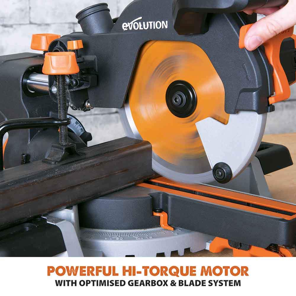 Evolution R210SMS 210mm Sliding Mitre Saw With TCT Multi-Material Cutting Blade