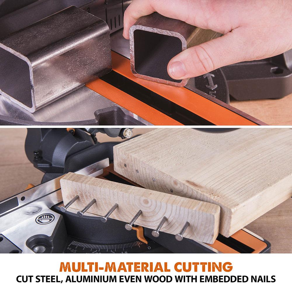 Evolution R210SMS+ 210mm Sliding Compound Mitre Saw With TCT Multi-Material Cutting Blade