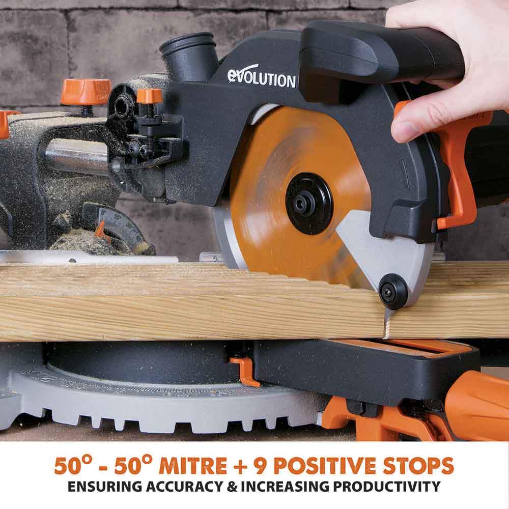 Evolution R210SMS 210mm Sliding Mitre Saw With TCT Multi-Material Cutting Blade