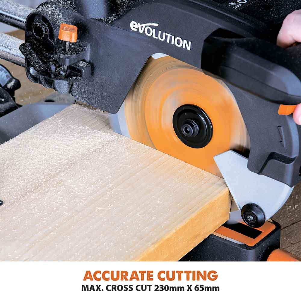 Evolution R210SMS 210mm Sliding Mitre Saw With TCT Multi-Material Cutting Blade