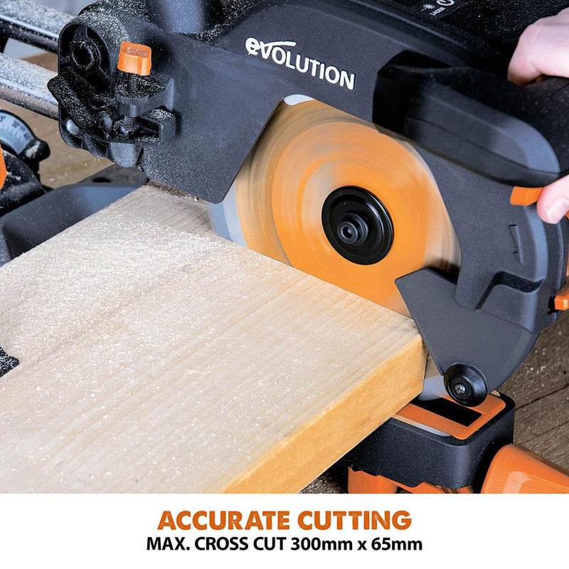 Evolution R210SMS-300+ Sliding Mitre Saw With TCT Multi-Material Cutting Blade - Evolution Power Tools UK