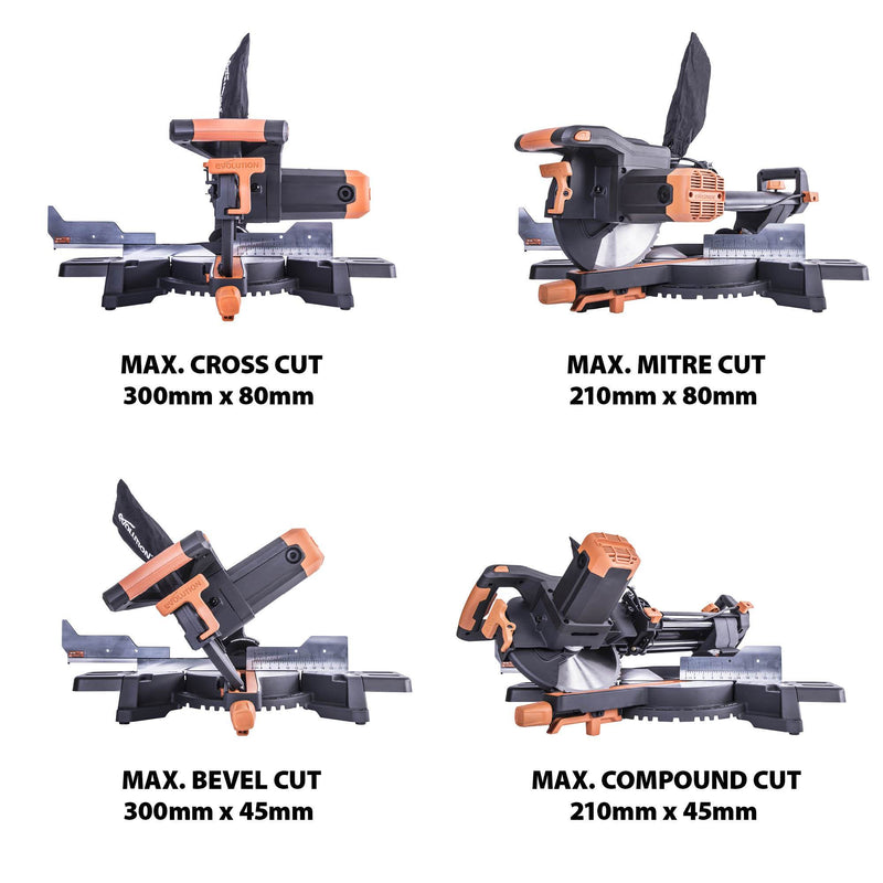 Evolution R255SMS+ - 255mm Sliding Mitre Saw With TCT Multi-Material Cutting Blade - Evolution Power Tools UK