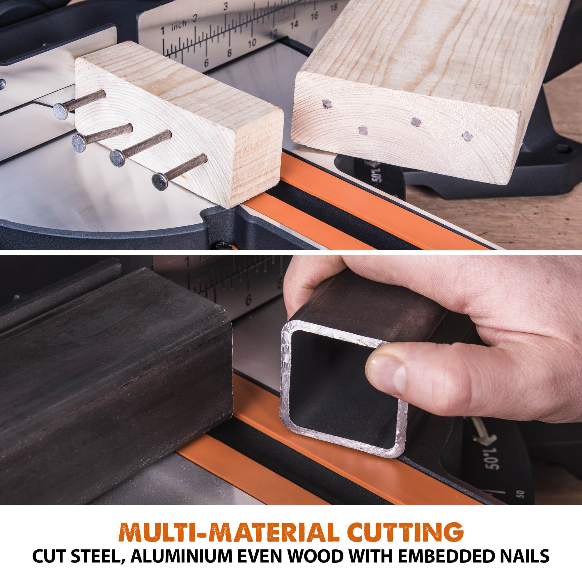 Evolution R255SMS+ 255mm Sliding Compound Mitre Saw With TCT Multi-Material Cutting Blade