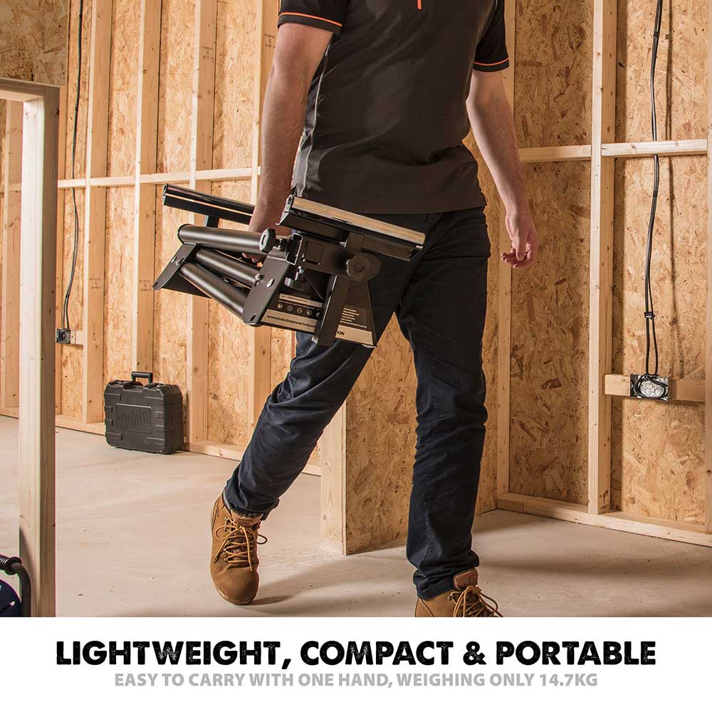 Evolution R255SMS-DB+ 255mm Double Bevel Mitre Saw & Stand Bundle