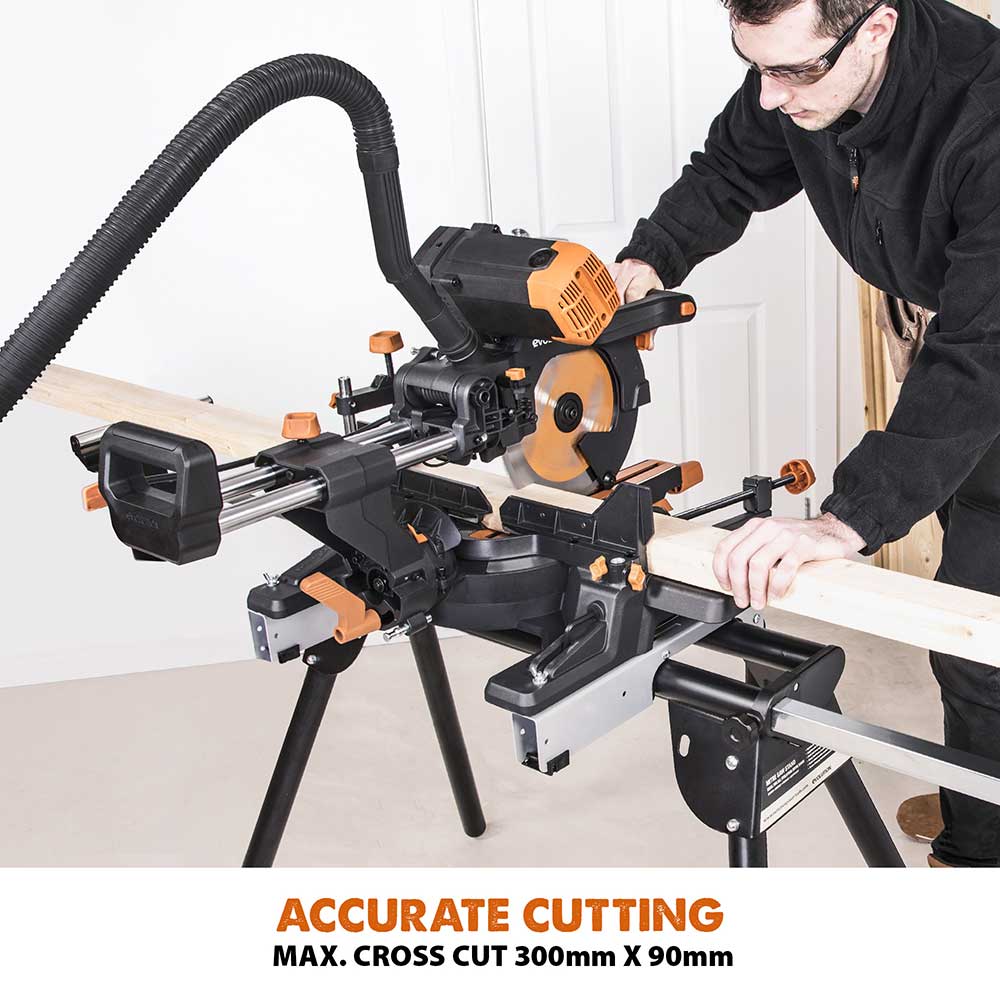 Evolution R255SMS-DB+ 255mm Double Bevel Mitre Saw & Stand Bundle