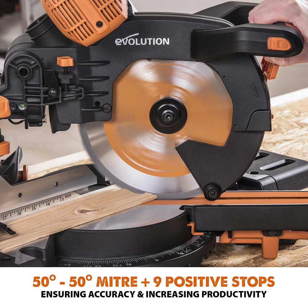 Evolution R255SMS-DB+ 255mm Double Bevel Mitre Saw & XL Rolling Stand Bundle