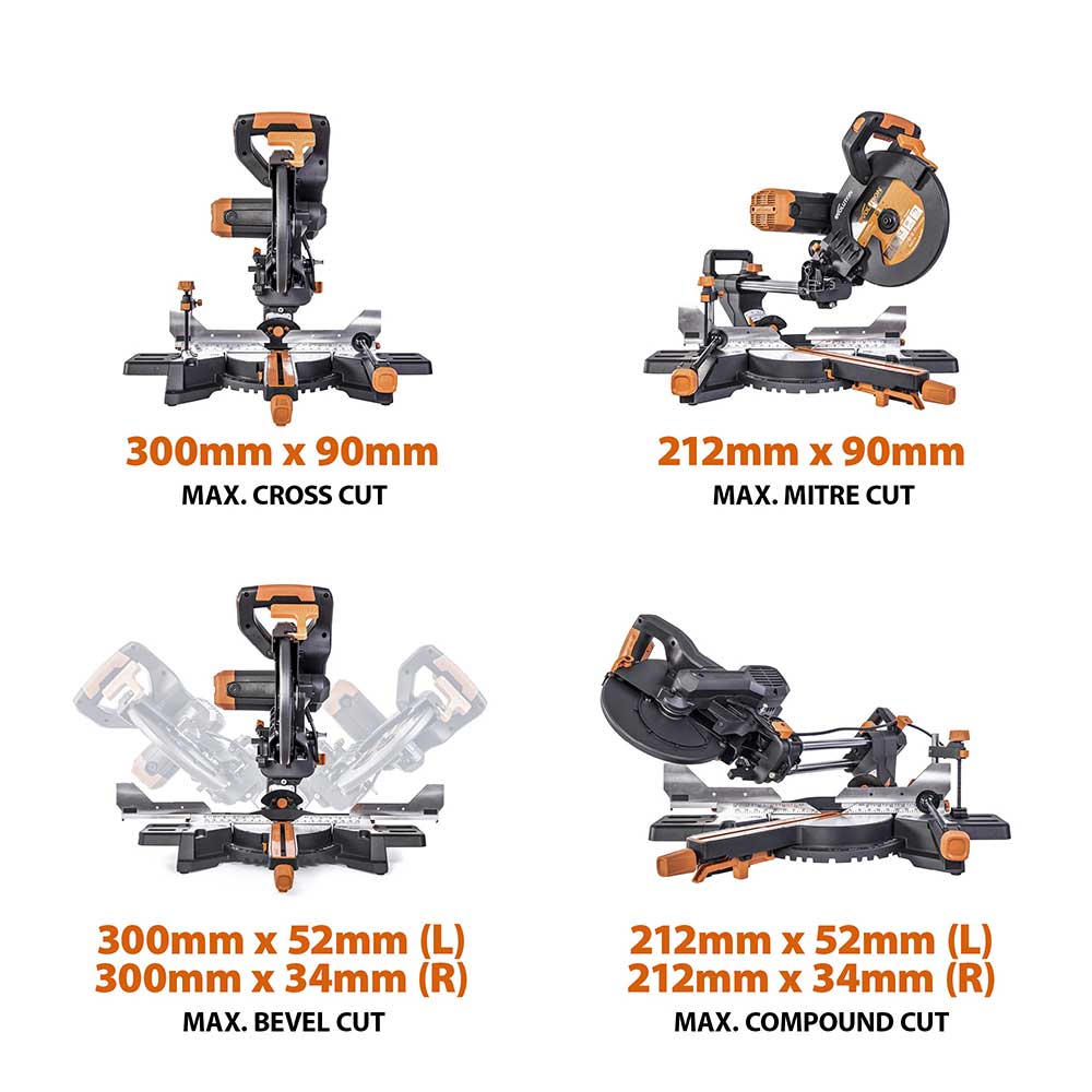 Evolution R255SMS-DB+ 255mm Double Bevel Mitre Saw & XL Rolling Stand Bundle