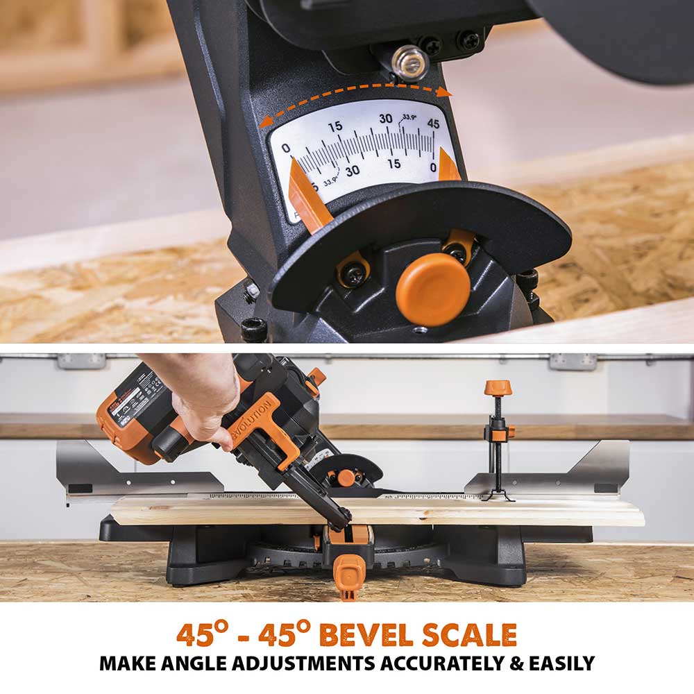 Evolution R255SMS-DB+ 255mm Double Bevel Mitre Saw & Stand Bundle