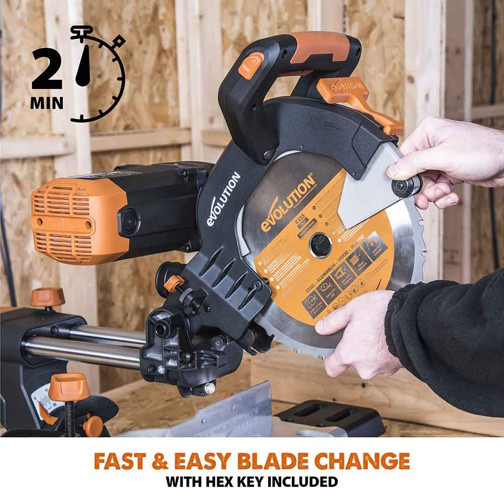 Evolution R255SMS-DB 255mm Double Bevel Sliding Mitre Saw With TCT Multi-Material Cutting Blade
