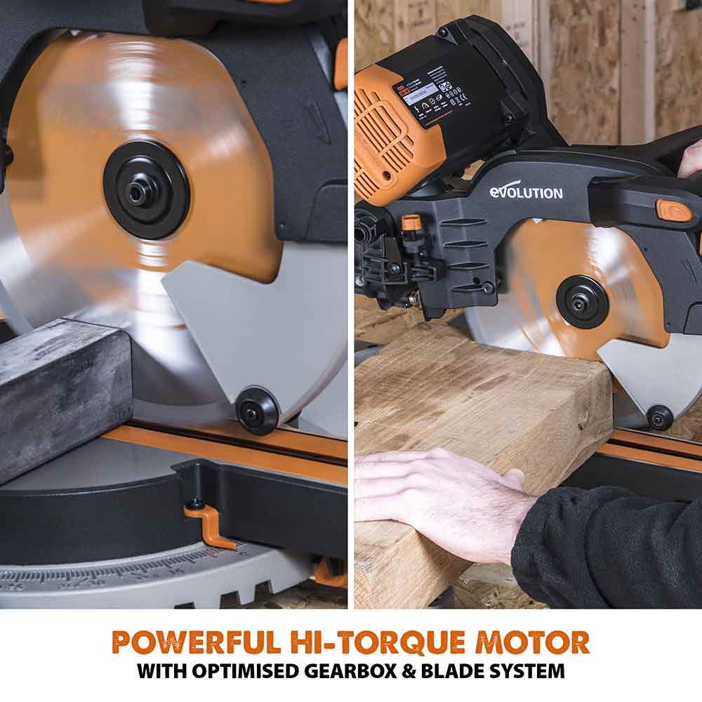Evolution R255SMS-DB 255mm Double Bevel Sliding Mitre Saw With TCT Multi-Material Cutting Blade