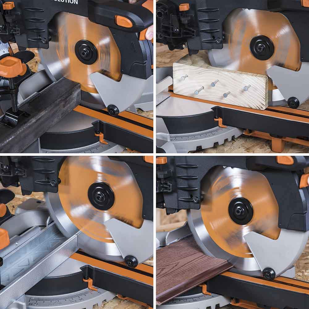 Evolution R255SMS-DB 255mm Double Bevel Sliding Mitre Saw With TCT Multi-Material Cutting Blade