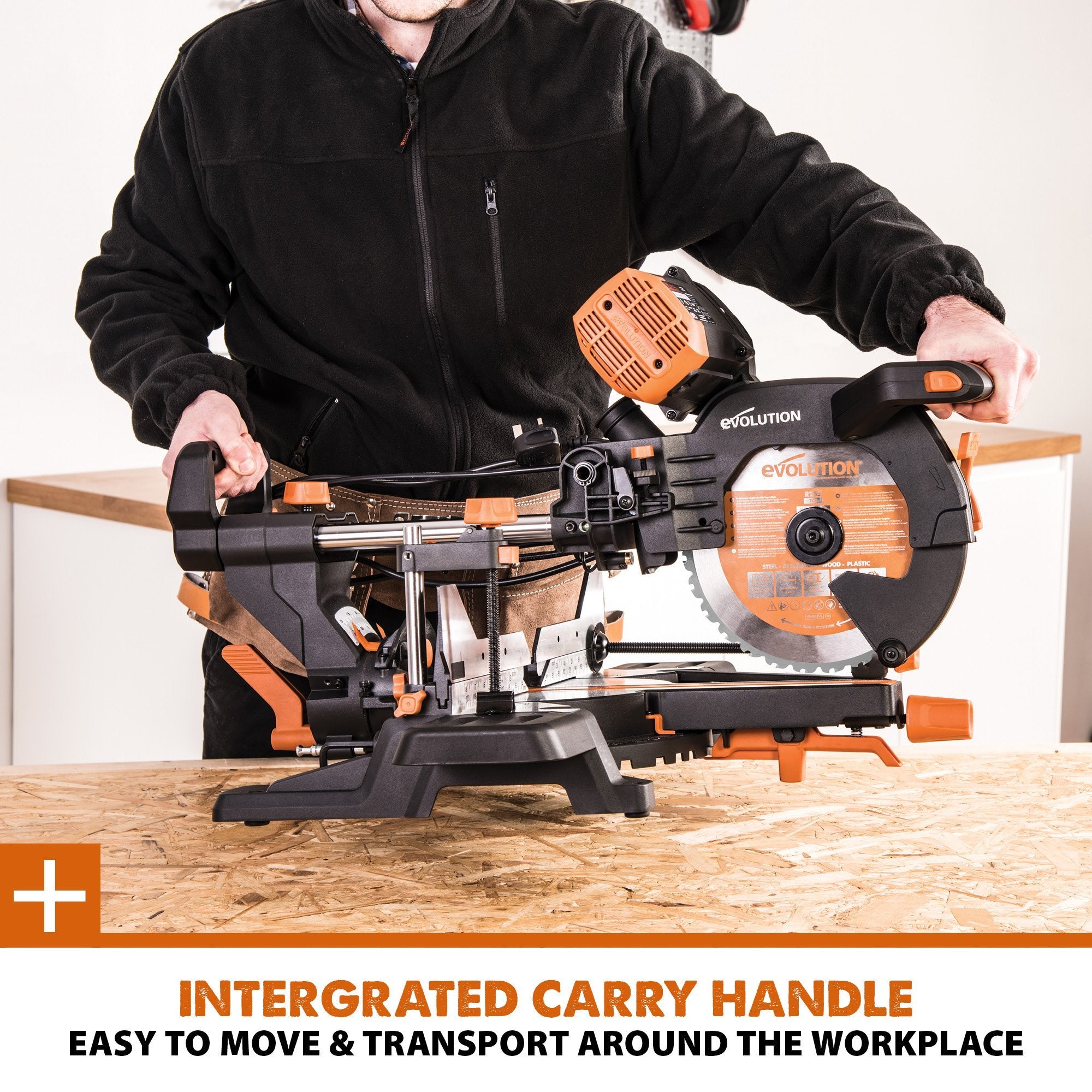 Evolution R255SMS-DB+ 255mm Double Bevel Sliding Compound Mitre Saw with 40T Wood Blade and 28T Multi-Material TCT Blade