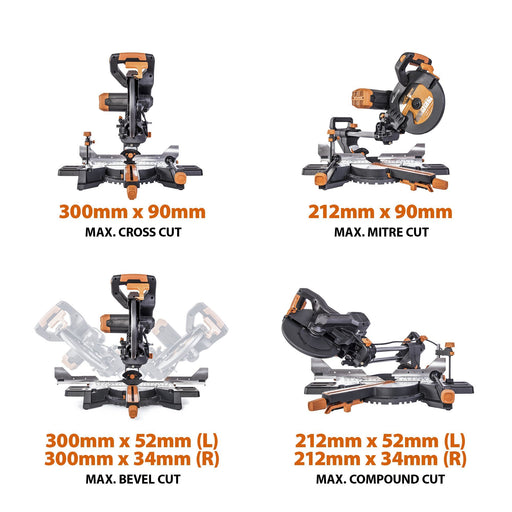 Evolution R255SMS-DB+ 255mm Double Bevel Sliding Mitre Saw With TCT Multi-Material Cutting Blade (Refurbished - Like New) - Evolution Power Tools UK