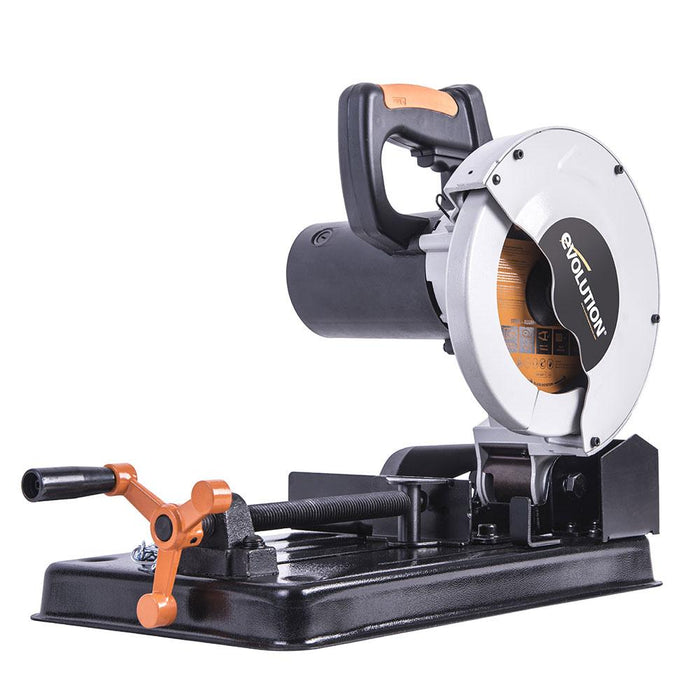 Evolution Power Tools R355CPS 14-Inch Chop Saw Multi Purpose,  Multi-Material Cutting Cuts Metal, Plastic, Wood & More Miter Cut up to 45˚  Degrees TCT Blade Included 